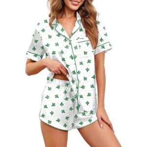 image:imageEkouaer Womens Silk Satin Pajamas Set Short Sleeve Sleepwear Button Down Loungewear 2 Piece Pjs Shorts Set S5X Plus SizeCactus