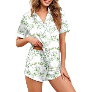 image:imageEkouaer Womens Silk Satin Pajamas Set Short Sleeve Sleepwear Button Down Loungewear 2 Piece Pjs Shorts Set S5X Plus SizeGreen Leaves