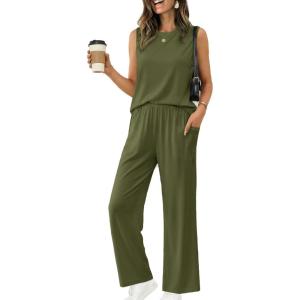 image:imageEkouaer Womens Two Piece Sets Summer Sleeveless Lounge Sets Matching Pants Airport Travel OutfitsArmy Green