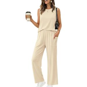 image:imageEkouaer Womens Two Piece Sets Summer Sleeveless Lounge Sets Matching Pants Airport Travel OutfitsBeige