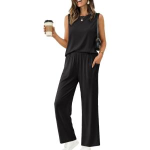 image:imageEkouaer Womens Two Piece Sets Summer Sleeveless Lounge Sets Matching Pants Airport Travel OutfitsBlack