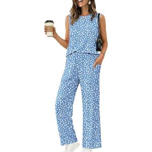 image:imageEkouaer Womens Two Piece Sets Summer Sleeveless Lounge Sets Matching Pants Airport Travel OutfitsBlue Floral