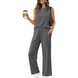 image:imageEkouaer Womens Two Piece Sets Summer Sleeveless Lounge Sets Matching Pants Airport Travel OutfitsDark Gray