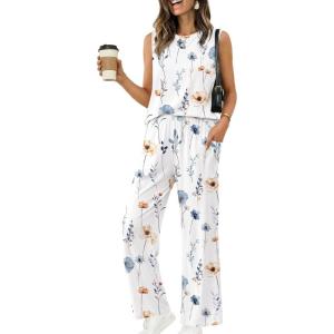 image:imageEkouaer Womens Two Piece Sets Summer Sleeveless Lounge Sets Matching Pants Airport Travel OutfitsFloral White
