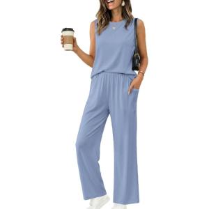 image:imageEkouaer Womens Two Piece Sets Summer Sleeveless Lounge Sets Matching Pants Airport Travel OutfitsGray Blue