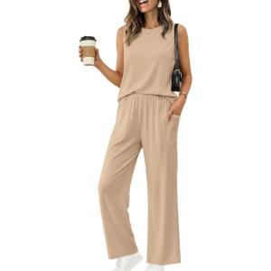 image:imageEkouaer Womens Two Piece Sets Summer Sleeveless Lounge Sets Matching Pants Airport Travel OutfitsKhaki