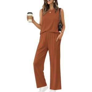 image:imageEkouaer Womens Two Piece Sets Summer Sleeveless Lounge Sets Matching Pants Airport Travel OutfitsLeather Brown