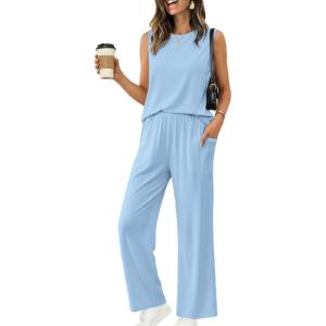 image:imageEkouaer Womens Two Piece Sets Summer Sleeveless Lounge Sets Matching Pants Airport Travel OutfitsLight Blue
