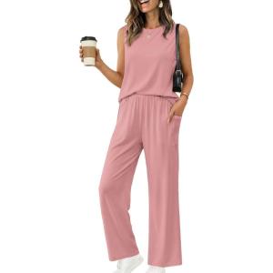 image:imageEkouaer Womens Two Piece Sets Summer Sleeveless Lounge Sets Matching Pants Airport Travel OutfitsMisty Rose