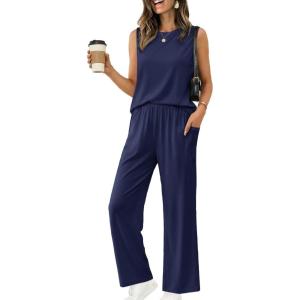 image:imageEkouaer Womens Two Piece Sets Summer Sleeveless Lounge Sets Matching Pants Airport Travel OutfitsNavy Blue