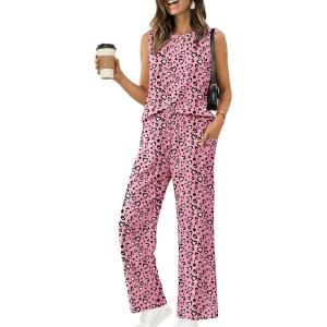 image:imageEkouaer Womens Two Piece Sets Summer Sleeveless Lounge Sets Matching Pants Airport Travel OutfitsPink Leopard