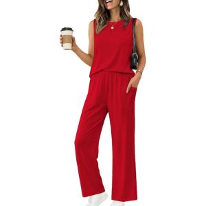 image:imageEkouaer Womens Two Piece Sets Summer Sleeveless Lounge Sets Matching Pants Airport Travel OutfitsRed