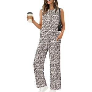 image:imageEkouaer Womens Two Piece Sets Summer Sleeveless Lounge Sets Matching Pants Airport Travel OutfitsWhite Leopard