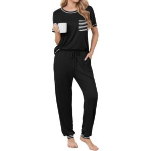 image:imageEkouaer womens pajama sets Short Sleeve Pjs Lounge Set 2 Piece Sleepwear with Long PantsBlack