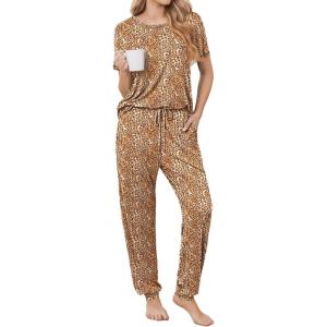 image:imageEkouaer womens pajama sets Short Sleeve Pjs Lounge Set 2 Piece Sleepwear with Long PantsBrown Leopard