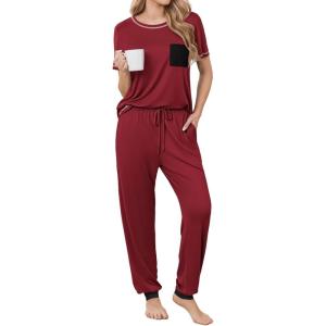 image:imageEkouaer womens pajama sets Short Sleeve Pjs Lounge Set 2 Piece Sleepwear with Long PantsBurgundy