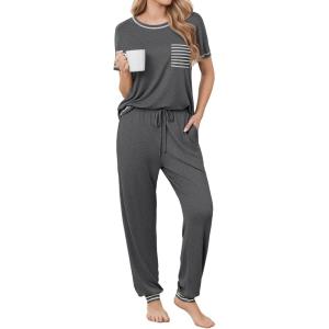 image:imageEkouaer womens pajama sets Short Sleeve Pjs Lounge Set 2 Piece Sleepwear with Long PantsDark Gray