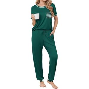 image:imageEkouaer womens pajama sets Short Sleeve Pjs Lounge Set 2 Piece Sleepwear with Long PantsEvergreen