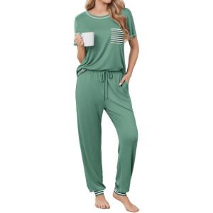 image:imageEkouaer womens pajama sets Short Sleeve Pjs Lounge Set 2 Piece Sleepwear with Long PantsGreen