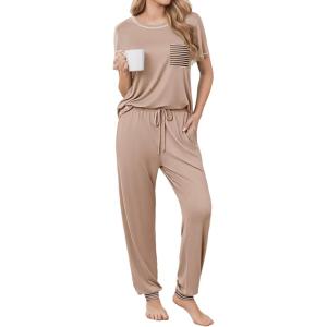 image:imageEkouaer womens pajama sets Short Sleeve Pjs Lounge Set 2 Piece Sleepwear with Long PantsKhaki