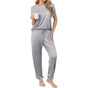 image:imageEkouaer womens pajama sets Short Sleeve Pjs Lounge Set 2 Piece Sleepwear with Long PantsLight Gray