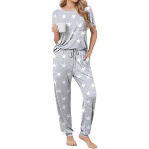 image:imageEkouaer womens pajama sets Short Sleeve Pjs Lounge Set 2 Piece Sleepwear with Long PantsLight Gray Star