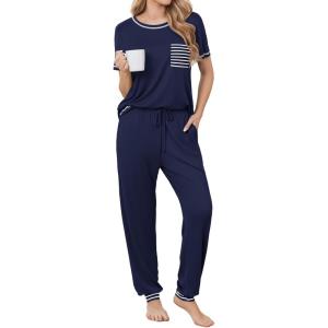 image:imageEkouaer womens pajama sets Short Sleeve Pjs Lounge Set 2 Piece Sleepwear with Long PantsNavy Blue