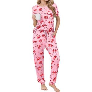 image:imageEkouaer womens pajama sets Short Sleeve Pjs Lounge Set 2 Piece Sleepwear with Long PantsPink Bow