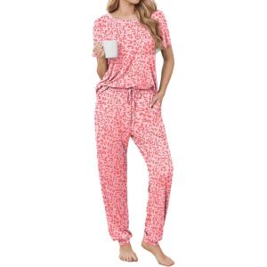 image:imageEkouaer womens pajama sets Short Sleeve Pjs Lounge Set 2 Piece Sleepwear with Long PantsPink Leopard