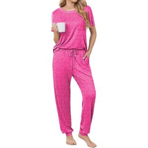 image:imageEkouaer womens pajama sets Short Sleeve Pjs Lounge Set 2 Piece Sleepwear with Long PantsRose Leopard
