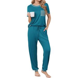 image:imageEkouaer womens pajama sets Short Sleeve Pjs Lounge Set 2 Piece Sleepwear with Long PantsTeal