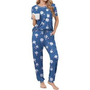 image:imageEkouaer womens pajama sets Short Sleeve Pjs Lounge Set 2 Piece Sleepwear with Long PantsWhite Floral Blue Leopard