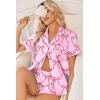 image:imageEkouaer Womens Silk Satin Pajama Sets 2 Piece Button Down Silk Pjs Shorts Sets Cute Print Short Sleeve Sleepwear S4XLPink With Red Bow