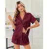 image:imageEkouaer Womens Silk Satin Pajama Sets 2 Piece Button Down Silk Pjs Shorts Sets Cute Print Short Sleeve Sleepwear S4XLWine Red