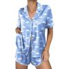 image:imageEkouaer Womens Silk Satin Pajama Sets 2 Piece Button Down Silk Pjs Shorts Sets Cute Print Short Sleeve Sleepwear S4XLMoon and White Clouds