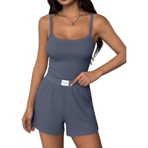 image:imageEkouaer Lounge Sets for Women 2 Piece Sleeveless Pajamas Sets Knit Casual Summer Cami Tank Tops and ShortsBlue Gray