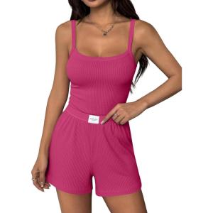image:imageEkouaer Lounge Sets for Women 2 Piece Sleeveless Pajamas Sets Knit Casual Summer Cami Tank Tops and ShortsHot Pink