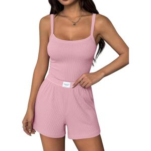 image:imageEkouaer Lounge Sets for Women 2 Piece Sleeveless Pajamas Sets Knit Casual Summer Cami Tank Tops and ShortsPink