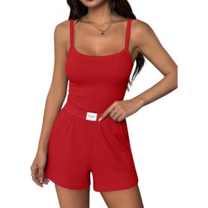 image:imageEkouaer Lounge Sets for Women 2 Piece Sleeveless Pajamas Sets Knit Casual Summer Cami Tank Tops and ShortsRed