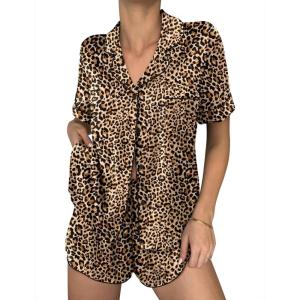 image:imageEkouaer Womens Silk Satin Pajama Sets 2 Piece Button Down Silk Pjs Shorts Sets Cute Print Short Sleeve Sleepwear S4XLBrown Leopard