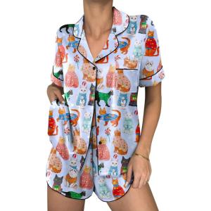 image:imageEkouaer Womens Silk Satin Pajama Sets 2 Piece Button Down Silk Pjs Shorts Sets Cute Print Short Sleeve Sleepwear S4XLCat Print