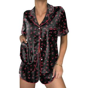 image:imageEkouaer Womens Silk Satin Pajama Sets 2 Piece Button Down Silk Pjs Shorts Sets Cute Print Short Sleeve Sleepwear S4XLCherry Print