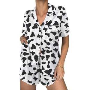 image:imageEkouaer Womens Silk Satin Pajama Sets 2 Piece Button Down Silk Pjs Shorts Sets Cute Print Short Sleeve Sleepwear S4XLCow Print