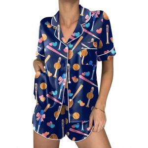 image:imageEkouaer Womens Silk Satin Pajama Sets 2 Piece Button Down Silk Pjs Shorts Sets Cute Print Short Sleeve Sleepwear S4XLDark Blue Baseball Print