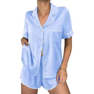 image:imageEkouaer Womens Silk Satin Pajama Sets 2 Piece Button Down Silk Pjs Shorts Sets Cute Print Short Sleeve Sleepwear S4XLLight Blue