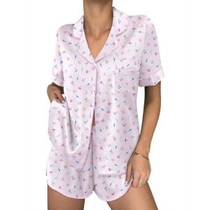 image:imageEkouaer Womens Silk Satin Pajama Sets 2 Piece Button Down Silk Pjs Shorts Sets Cute Print Short Sleeve Sleepwear S4XLLilac Flower Leave