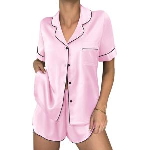 image:imageEkouaer Womens Silk Satin Pajama Sets 2 Piece Button Down Silk Pjs Shorts Sets Cute Print Short Sleeve Sleepwear S4XLPink