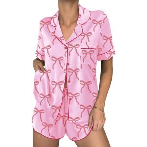 image:imageEkouaer Womens Silk Satin Pajama Sets 2 Piece Button Down Silk Pjs Shorts Sets Cute Print Short Sleeve Sleepwear S4XLPink With Red Bow
