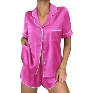 image:imageEkouaer Womens Silk Satin Pajama Sets 2 Piece Button Down Silk Pjs Shorts Sets Cute Print Short Sleeve Sleepwear S4XLRose Red