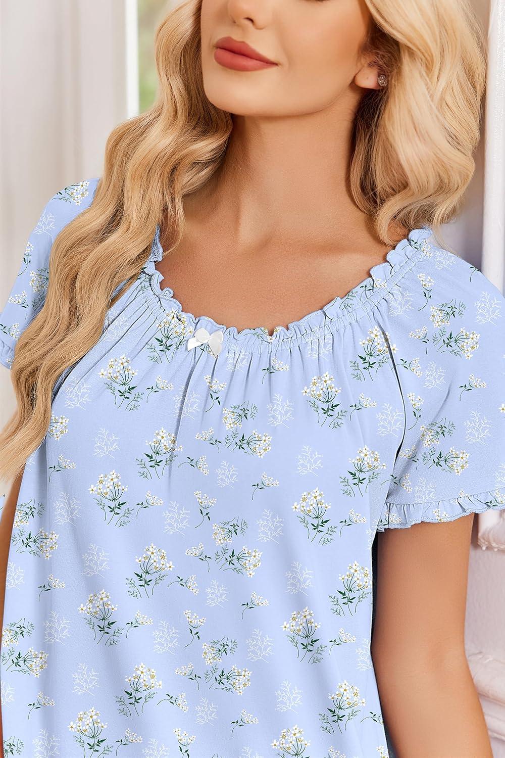 image:imageEkouaer Cotton Nightgowns for Women Vintage Victorian Night Gowns Short Sleeve Sleep Shirts Lace Sleep Dress Soft SleepwearFloral Blue